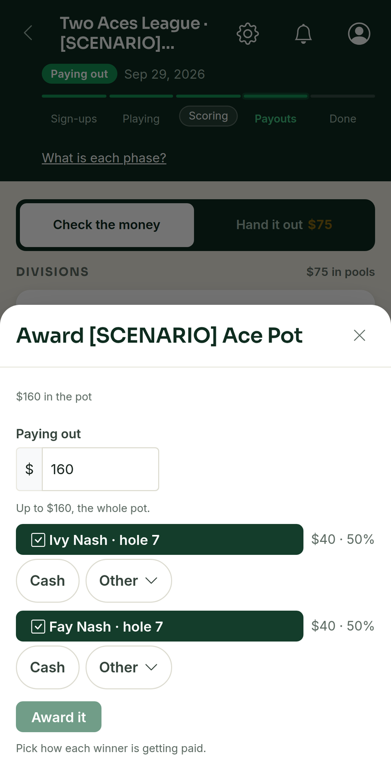 The ace pot award sheet with two ace-hitters ticked and each figure shown