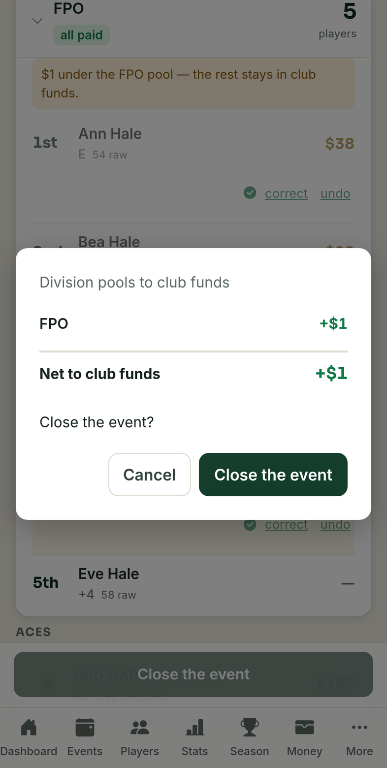 The Close the event review showing division pools moving to club funds