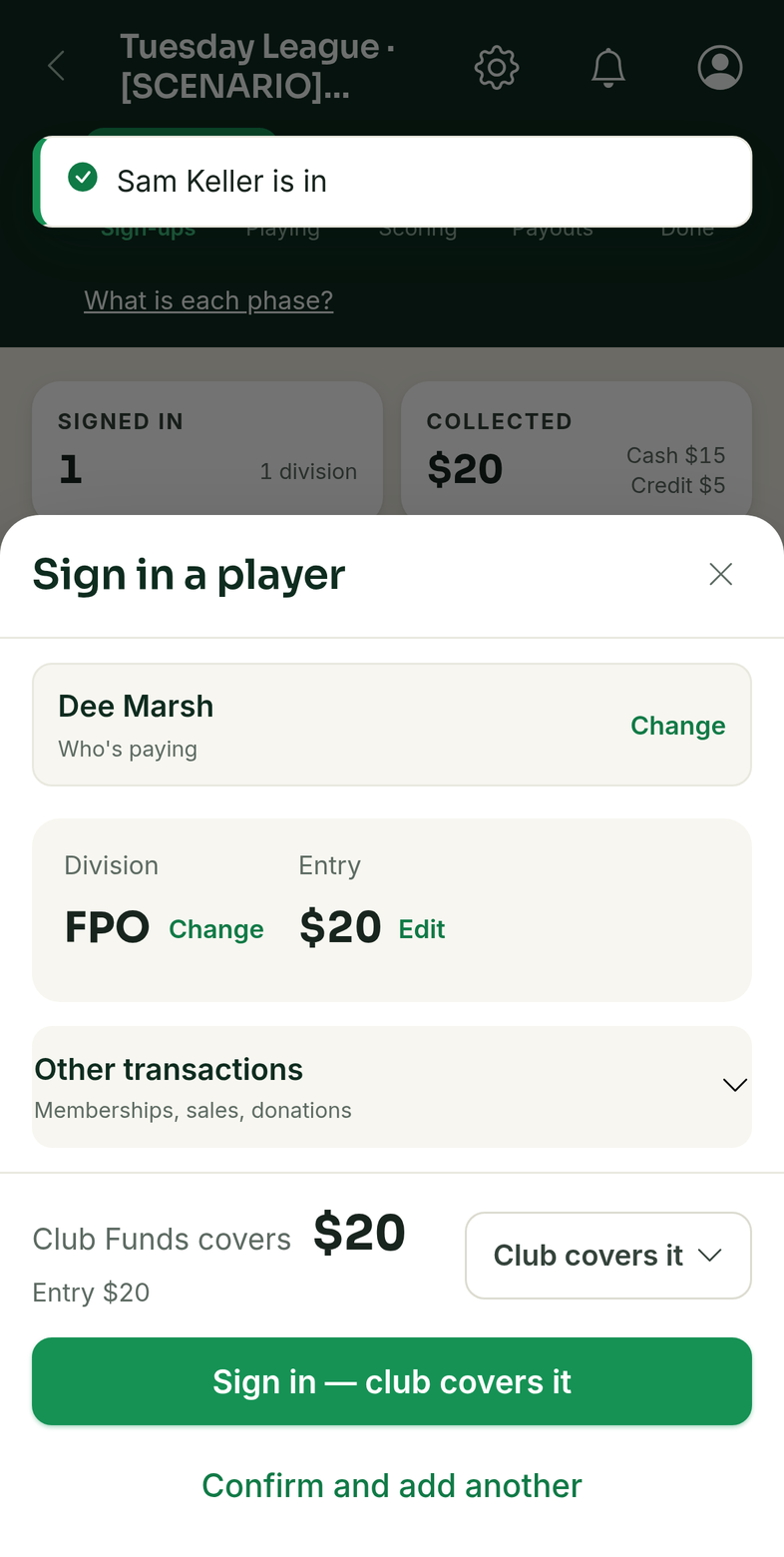 The pay-in sheet for Dee Marsh with Club covers it chosen: Club Funds covers $20