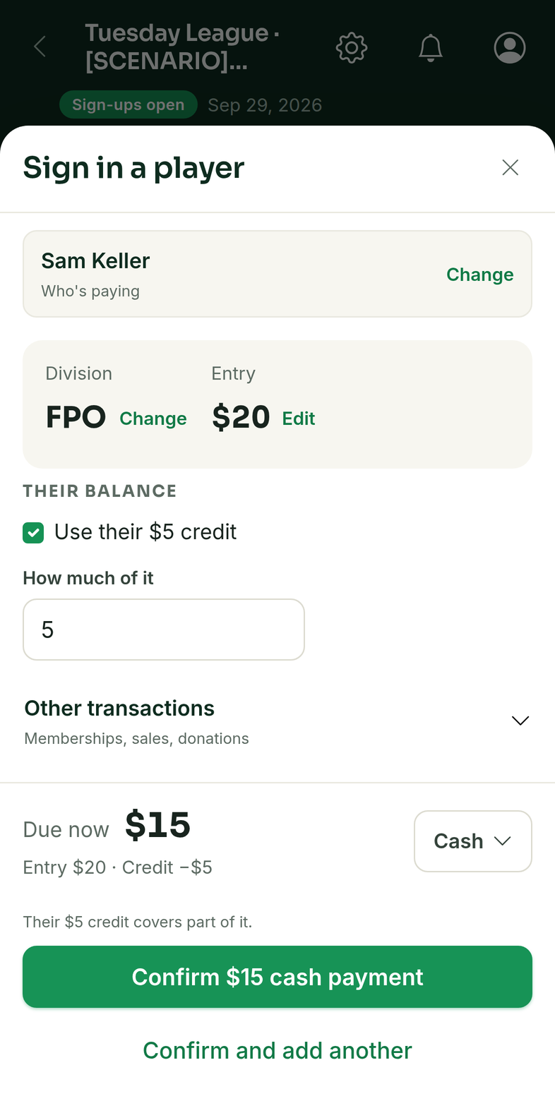 The pay-in sheet for Sam Keller: $5 credit applied, $15 due now, Cash selected