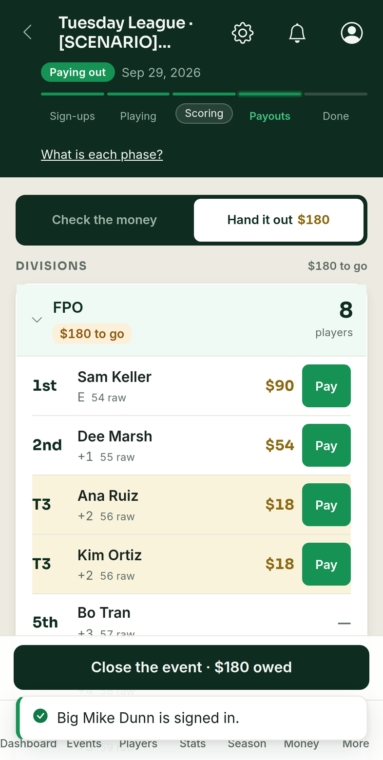 Hand it out on the Payouts screen: places, amounts and Pay buttons