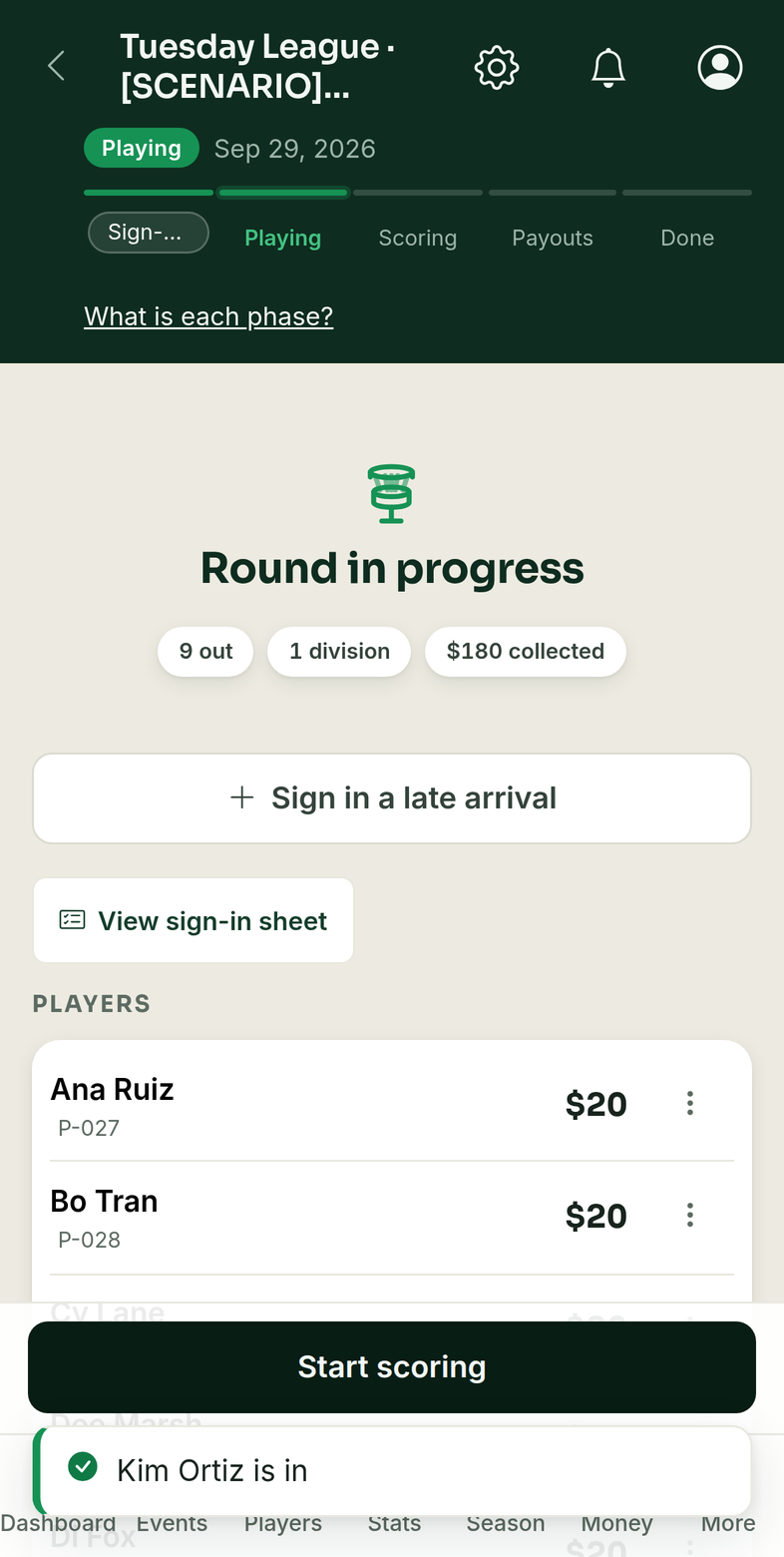 The Playing screen: Sign in a late arrival, View sign-in sheet, the paid players, Start scoring